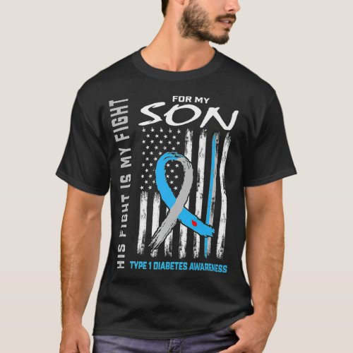 Son Type One Diabetes Awareness Ribbon American Fl T_Shirt