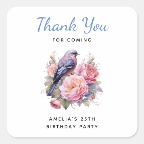 Song Bird atop Pink Peonies Birthday Thank You Square Sticker