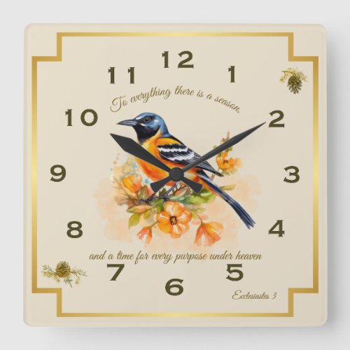 Song Bird Oriole Ecclesiastes 3 Square Wall Clock