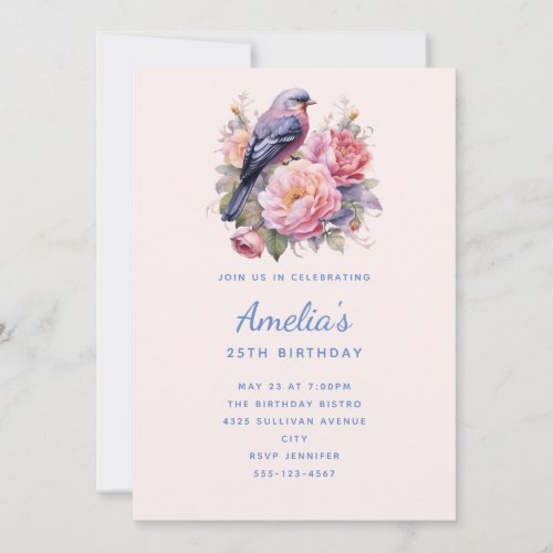 Song Bird Sitting atop Pink Peonies Birthday Invitation