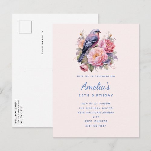 Song Bird Sitting atop Pink Peonies Birthday Invitation Postcard