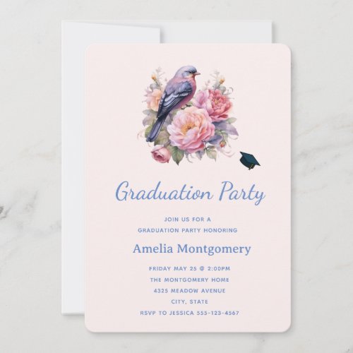 Song Bird Sitting atop Pink Peonies Graduation Invitation