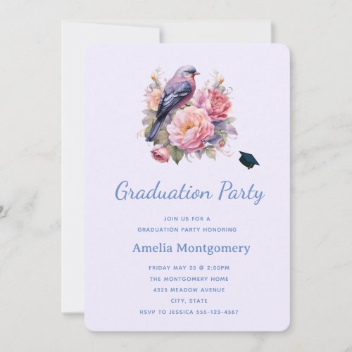 Song Bird Sitting atop Pink Peonies Graduation Invitation