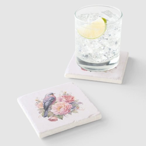 Song Bird Sitting atop Pink Peonies Stone Coaster