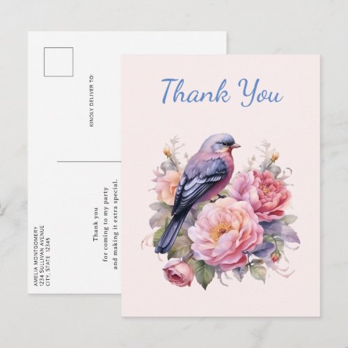 Song Bird Sitting atop Pink Peonies Thank You Postcard