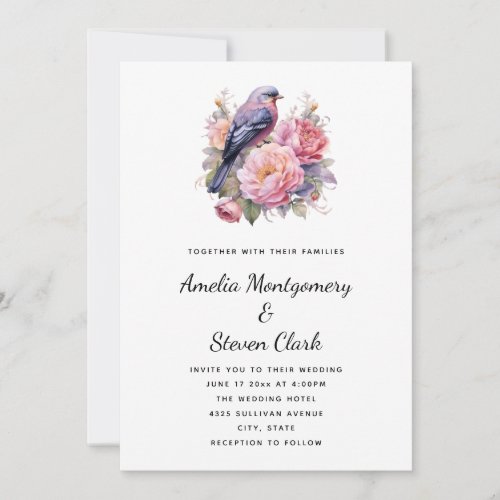 Song Bird Sitting atop Pink Peonies Wedding Invitation
