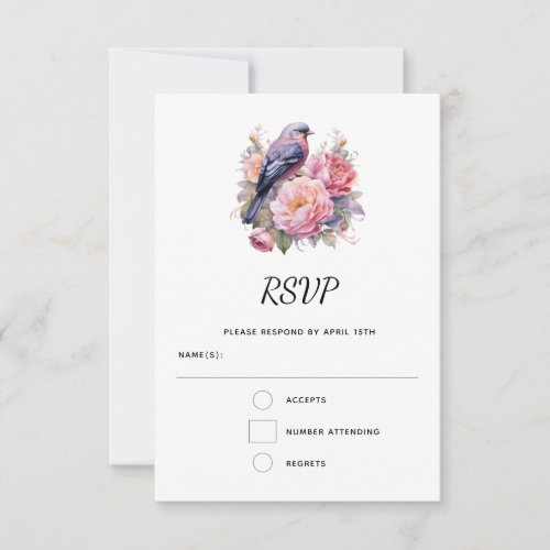 Song Bird Sitting atop Pink Peonies Wedding RSVP Card