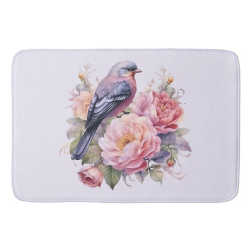 Song Bird Standing atop Pink Peonies Bath Mat