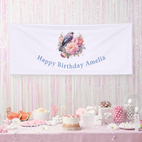 Song Bird Standing atop Pink Peonies Birthday Banner