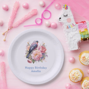 Song Bird Standing atop Pink Peonies Birthday Paper Plates