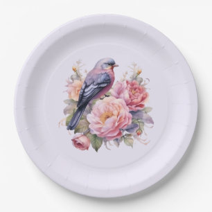 Song Bird Standing atop Pink Peonies Paper Plates