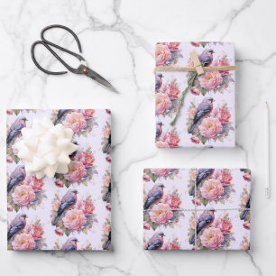 Song Bird Standing atop Pink Peonies Pattern Wrapping Paper Sheets