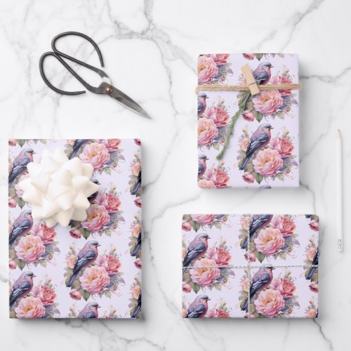 Song Bird Standing atop Pink Peonies Pattern Wrapping Paper Sheets