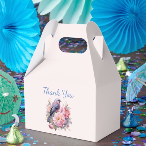 Song Bird Standing atop Pink Peonies Thank You Favor Boxes