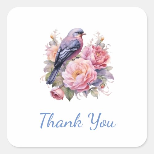 Song Bird Standing atop Pink Peonies Thank You Square Sticker