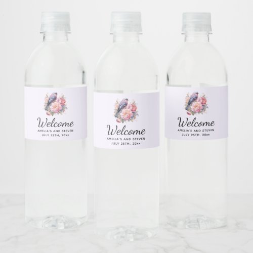 Song Bird Standing atop Pink Peonies Wedding Water Bottle Label