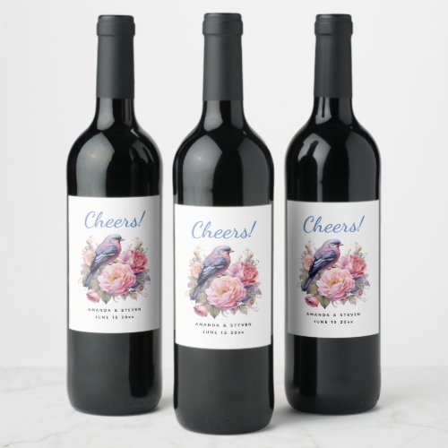 Song Bird Standing atop Pink Peonies Wedding Wine Label