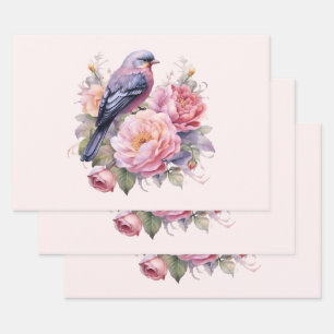 Song Bird Standing atop Pink Peonies Wrapping Paper Sheets