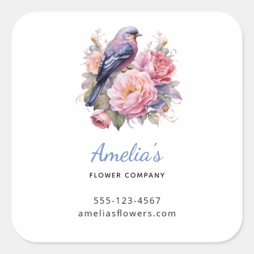 Song Bird Standing on Pink Peonies Business Square Sticker