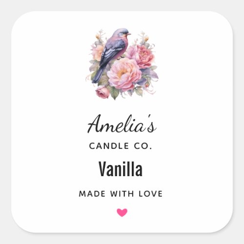 Song Bird Standing on Pink Peonies Candle Business Square Sticker