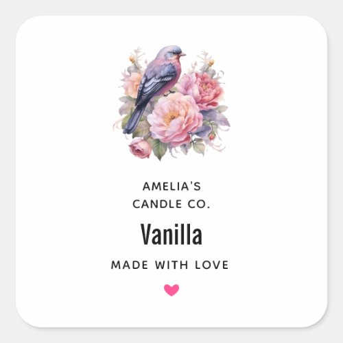 Song Bird Standing on Pink Peonies Candle Business Square Sticker