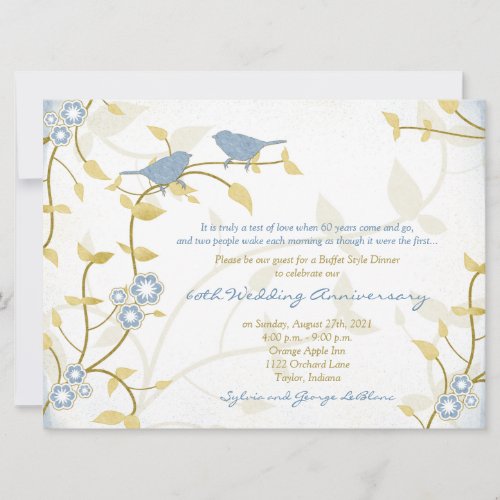 Song Birds Blue Gold Diamond Wedding Anniversary Custom Invites