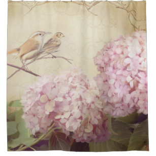Song Birds Branch Pink  Hydrangea Flowers Vintage Shower Curtain
