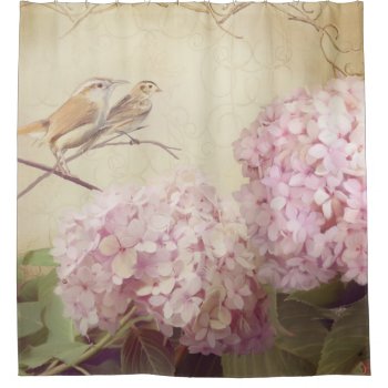 Song Birds Branch Pink  Hydrangea Flowers Vintage Shower Curtain by AudreyJeanne at Zazzle