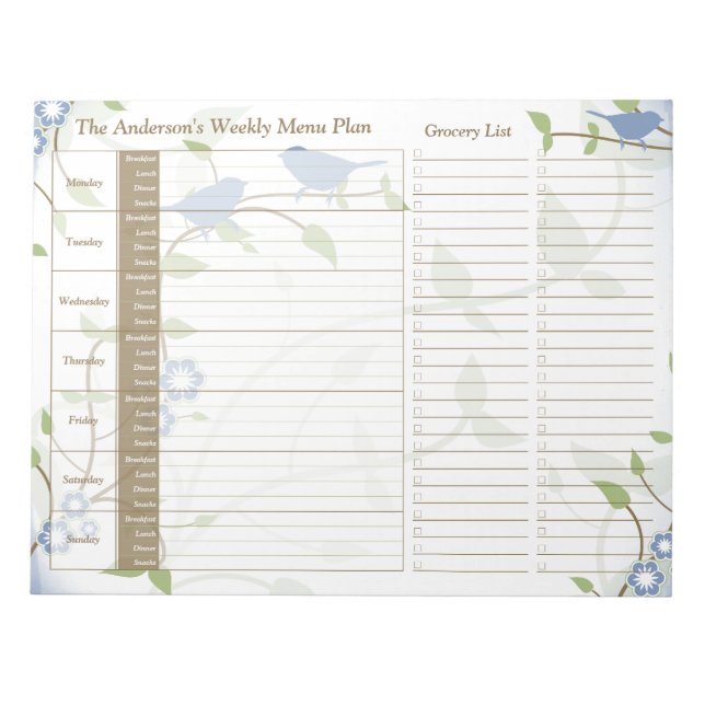 Song Birds Floral Weekly Personalized Meal Planner Notepad (Front)