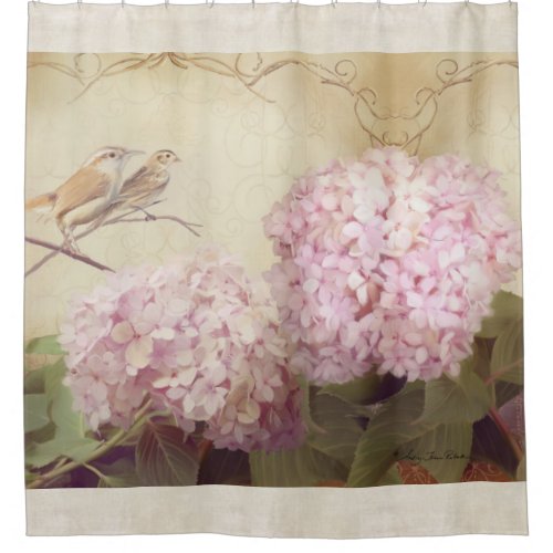 Song Birds on Branch Hydrangea Flowers Vintage Shower Curtain