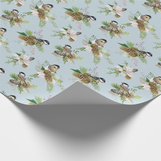 Song Birds Poinsettias and Pine Cones Wrapping Paper (Corner)