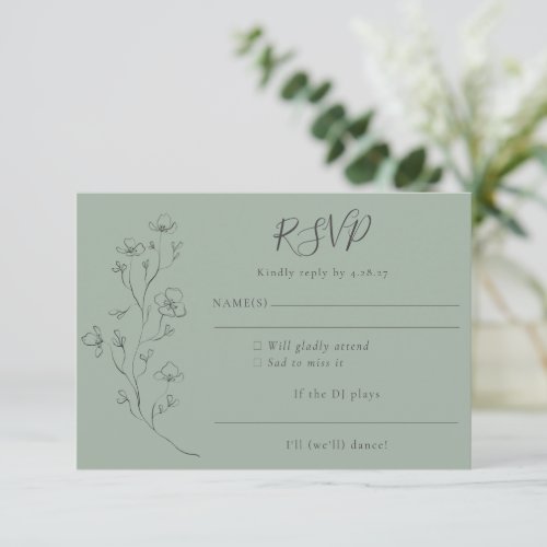 Song Request Sage Green Floral Line Art Wedding RSVP Card