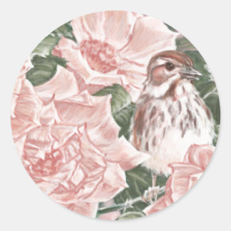 Song Sparrow and Pink Roses Flower Painting Classic Round Sticker