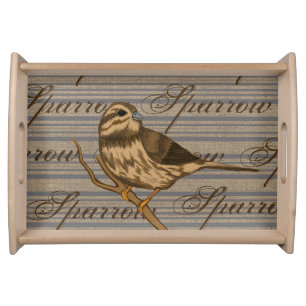 Song Sparrow Grey Pinstripes and Burlap Serving Tray