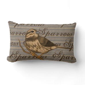 Song Sparrow on Pinstripes and Faux Burlap Lumbar Pillow
