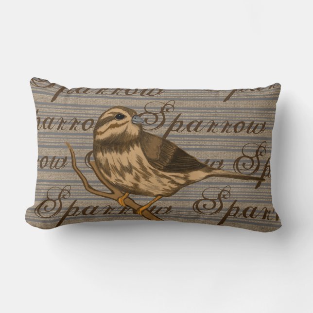 Song Sparrow on Pinstripes and Faux Burlap Lumbar Pillow (Front)