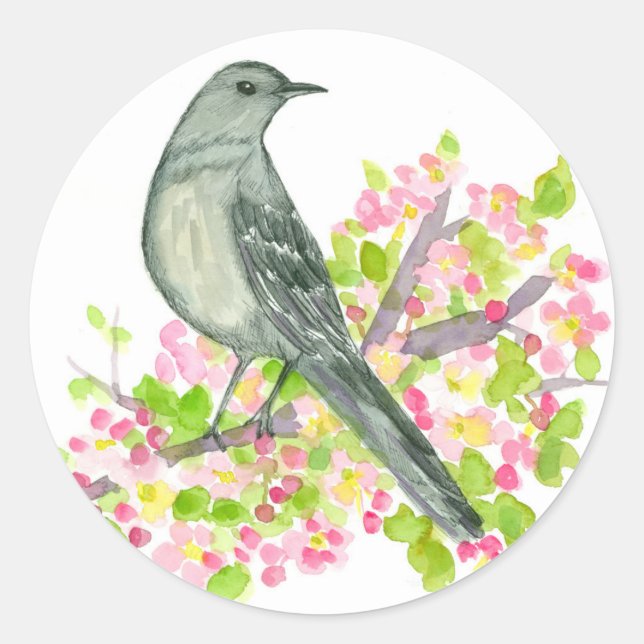 Songbird Apple Blossom Watercolor Flowers  Classic Round Sticker (Front)