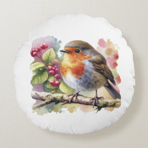 Songbird in vibrant watercolor round pillow