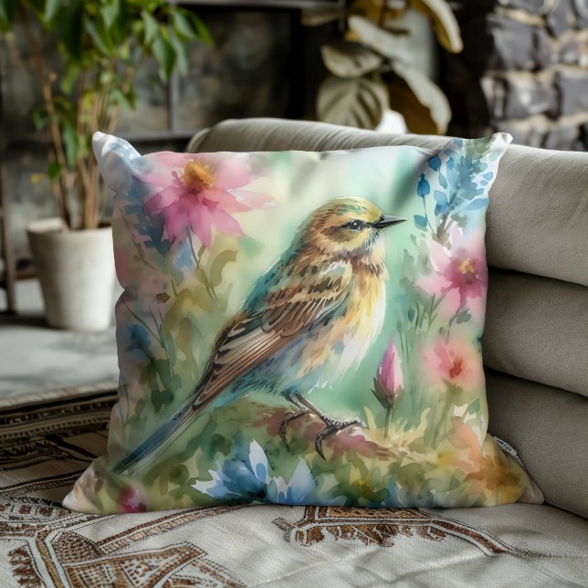 Songbird Melody Graceful Bird & Floral Elegance Throw Pillow (Creator Uploaded)