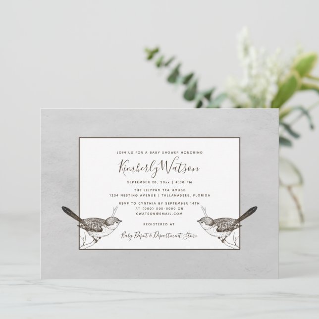 Songbird Pair Baby Shower | Gray Invitation (Standing Front)