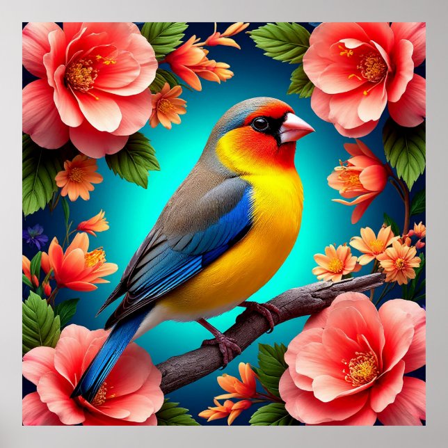 Songbird Perched Amid Bright Flowers Poster (Front)