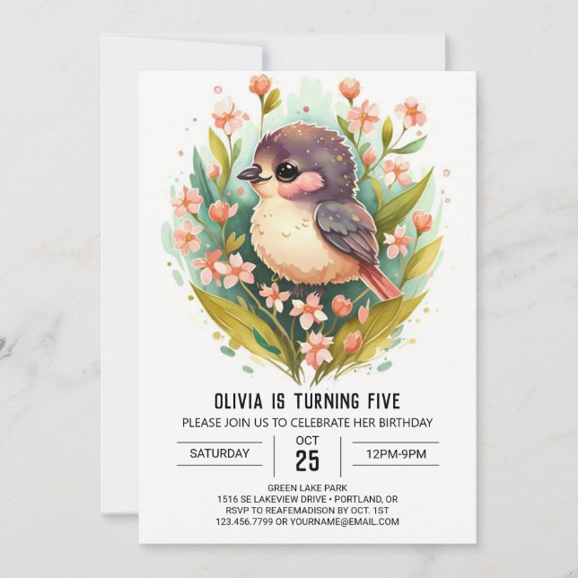 Songbird Pink Bird Birthday Invitation (Front)
