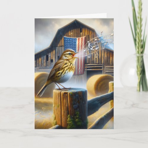 Songbird Singing With American Flag Card