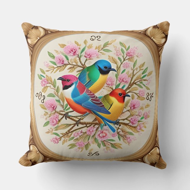 🐦 Songbirds Floral Throw Pillow Nature Decor 🌸✨ (Front)