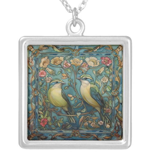 Songbirds in Love Art Nouveau Silver Plated Necklace (Front)