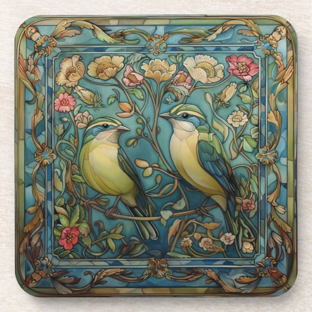 Songbirds in Love Romantic Art Nouveau Design Beverage Coaster (Front)