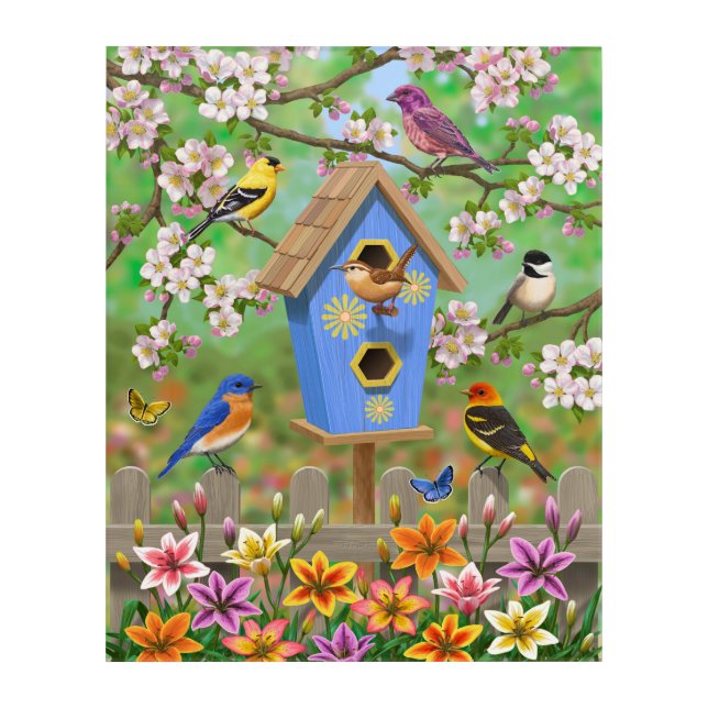 Songbirds Lily Garden Birdhouse Acrylic Print (Front)
