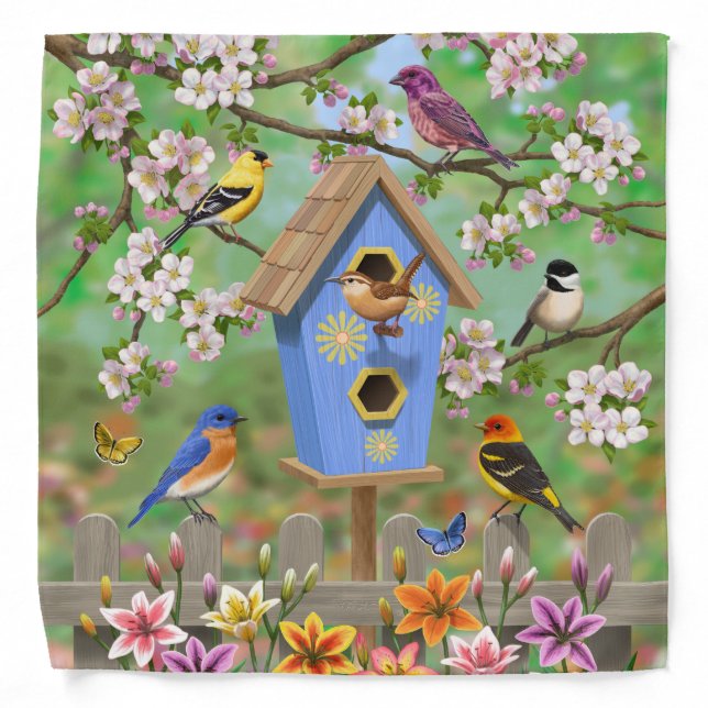 Songbirds Lily Garden Birdhouse Bandana (Front)