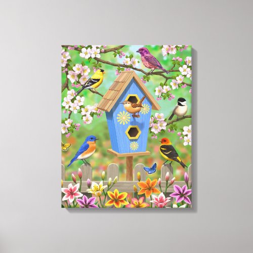 Songbirds Lily Garden Birdhouse Canvas Print