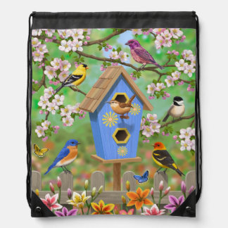 Songbirds Lily Garden Birdhouse Drawstring Bag
